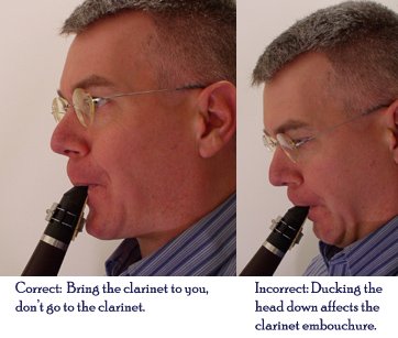 Two images--one with a man blowing into a clarinet with the proper angle and the other with a man blowing into a clarinet with head bent over, holding the clarinet at an improper angle