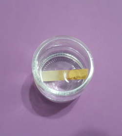 Clarinet reed soaking in a glass of water on violet background