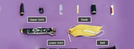 Assorted clarinet parts and accessories labeled on a purple background