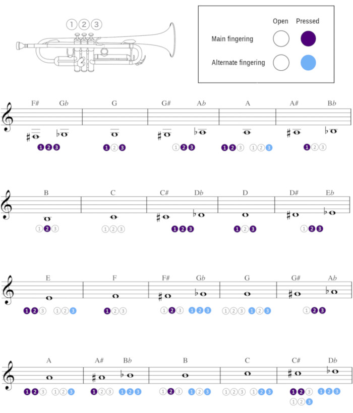 Trumpet fingering charts showing main fingerings highlighted in purple and alternate fingerings highlighted in blue