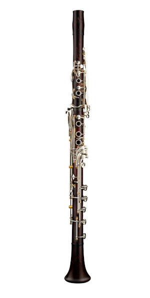 A basset clarinet on a white background