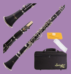 Aileen Lexington Bb clarinet with case and accessories on purple background