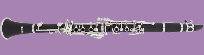 Mendini student clarinet by Cecilio shown lengthwise on purple background