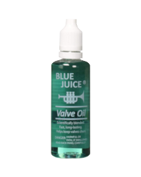 2-ounce bottle of Blue Juice brand trumpet valve oil on purple background