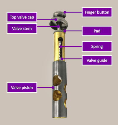 Diagram showing the parts of a trumpet valve on a grey background with purple labels