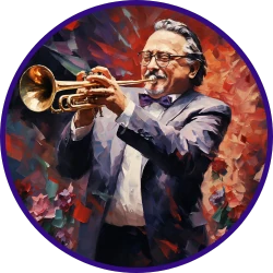 Headshot image of Arturo Sandoval playing the trumpet in impressionist style