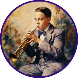Headshot image of Bix Beiderbecke playing the trumpet in impressionist style