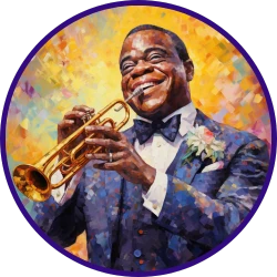 Headshot image of Louis Armstrong playing the trumpet in impressionist style