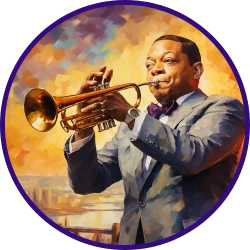 Headshot image of Wynton Marsalis playing the trumpet in impressionist style