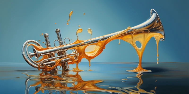 Deformed trumpet covered in oil and emerging from a pool of liquid