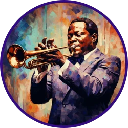 Headshot image of Clifford Brown playing the trumpet in impressionist style