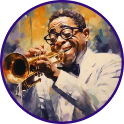 Headshot image of Dizzy Gillespie playing the trumpet in impressionist style