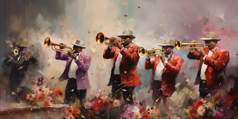 Impressionist style image showing black trumpet players wearing different colored jackets and playing the trumpet with flower in the foreground