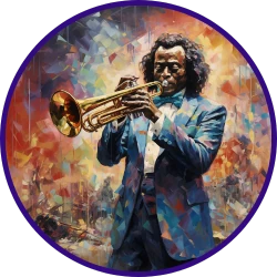 Headshot image of Miles Davis playing the trumpet in impressionist style