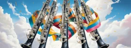 Oil painting of 5 clarinets floating in the sky with brightly colored ribbons in the style of salvador dali