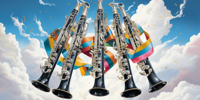 Oil painting of 5 clarinets floating in the sky with brightly colored ribbons in the style of salvador dali