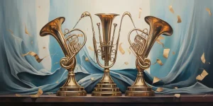Oil painting of 3 trumpet instruments on a winner's podium with ribbons in the style of salvador dali